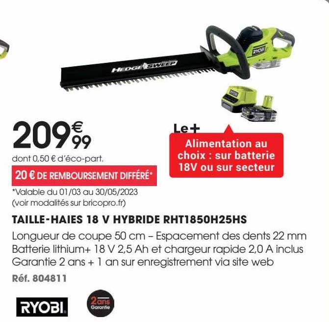 taille-haies 18 v hybride ryobi rht1850h25hs