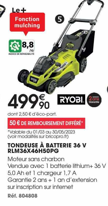 tondeuse à batterie 36 v ryobi rlm36x46h50pg
