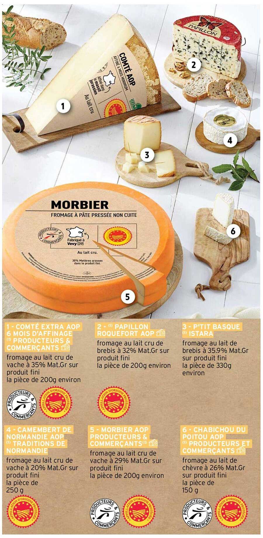 comté extra aop 6 mois d'affinage producteurs et commerçants, papillon roquefort aop, p'tit basque istara, camembert de normandie aop tradition de normande, morbier aop producteurs et commerçants