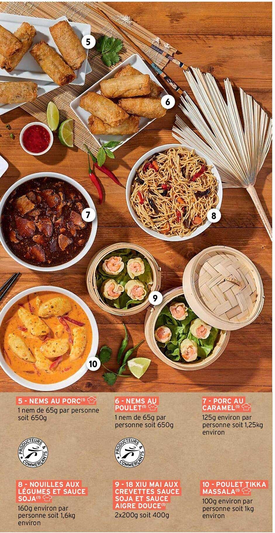 nems au porc, nems au poulet, porc au caramel, nouilles aux légumes et sauce soja, 18 xiu mai aux crevettes sauce soja et sauce aigre douce, poulet tikka massala