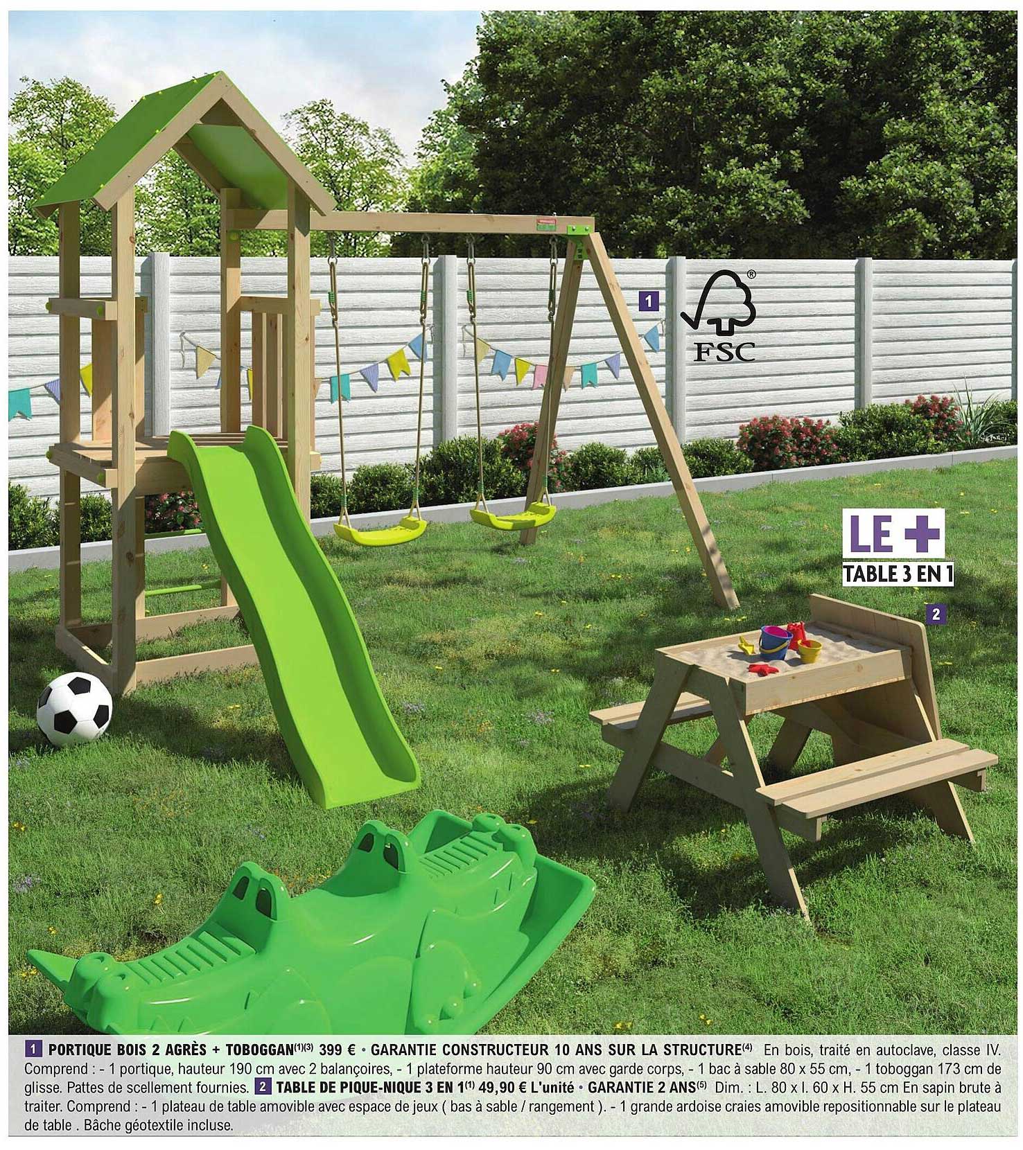 portique bois 2 agrès + toboggan, table de pique-nique 3 en 1