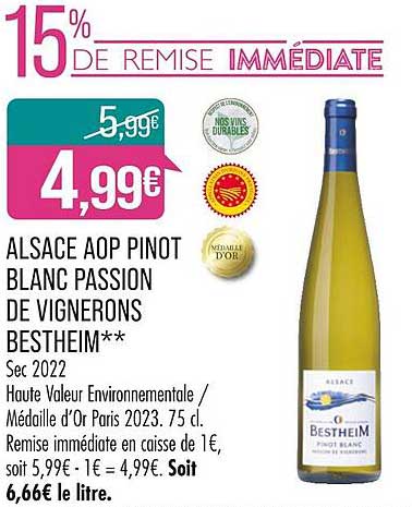 alsace aop pinot blanc passion de vignerons bestheim sec 2022