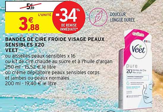 bandes de cire froide visage peaux sensibles x20 veet