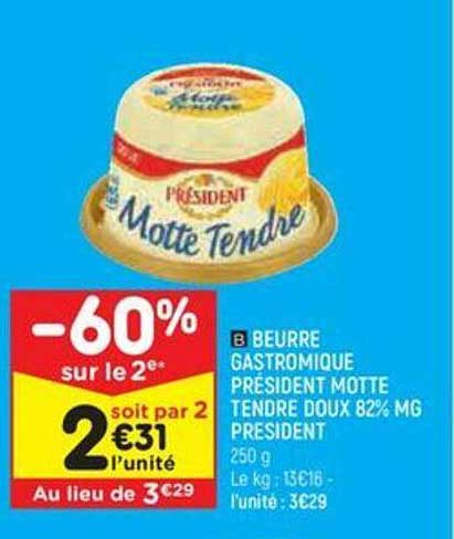 beurre gastronomique président motte tendre doux 82% mg président
