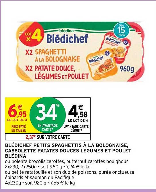 blédichef petits spaghettis à la bolognaise, cassolette patates douces légumes et poulet blédina