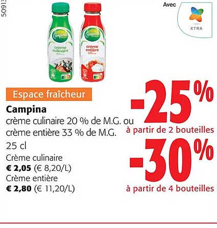 campina crème culinaire 20% de m.g. ou crème entière 33% de m.g.