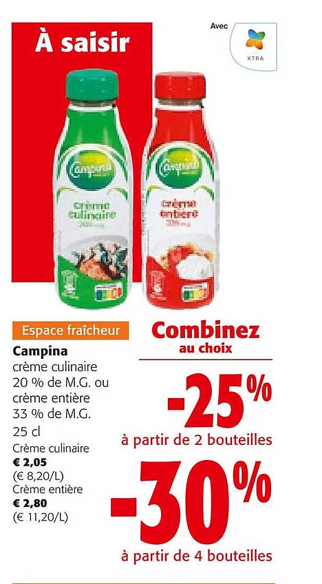 campina crème culinaire 20% de m.g. ou crème entière