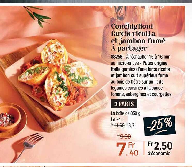 conchiglioni farcis ricotta et jambon fumé à partager