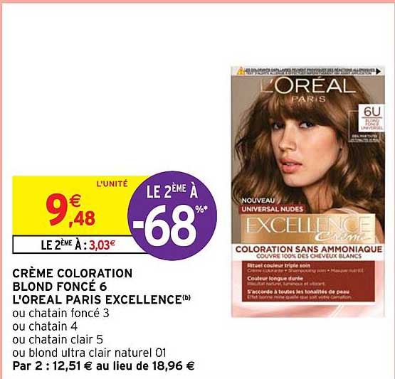 crème coloration blond foncé 6 l'oreal paris excellence