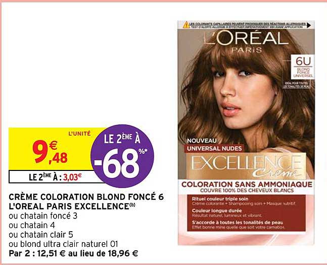 crème coloration blond foncé 6 l'oréal paris excellence