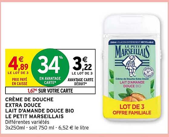 crème de douche extra douce lait d'amande douce bio le petit marseillais