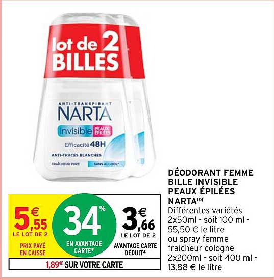 Déodorant Femme Bille Invisible Peaux épilées Narta