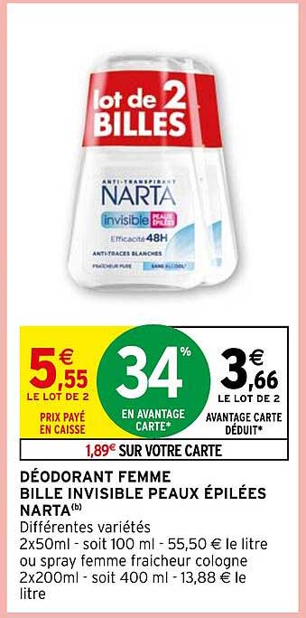 déodorant femme bille invisible peaux épilées narta