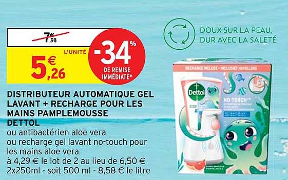 distributeru automatique gel lavant + recharge pour les mains pamplemousse dettol