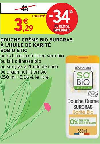 douche crème bio surgras à l'huile de karité sobio etic