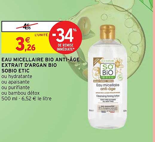 eau micellaire bio anti-âge extrait d'argan bio so'bio étic