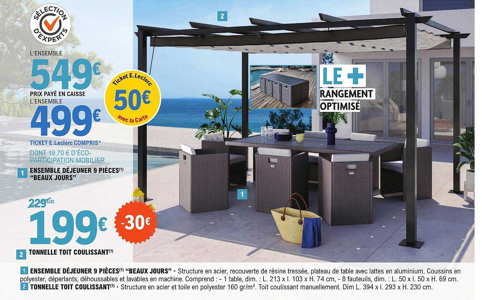 ensemble déjeuner 9 pièces "beaux jours", tonnelle toit coulissant