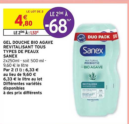 gel douche bio agave revitalisant tous types de peaux sanex