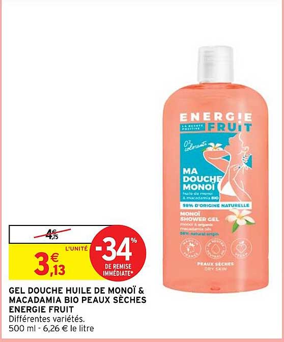 gel douche huile de monoÎ & macadamia bio peaux sèches energie fruit