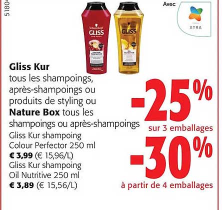 gliss kur tous les shampooings, après-shampoings ou produits de styling ou nature box tous les shampoings ou après-shampoings