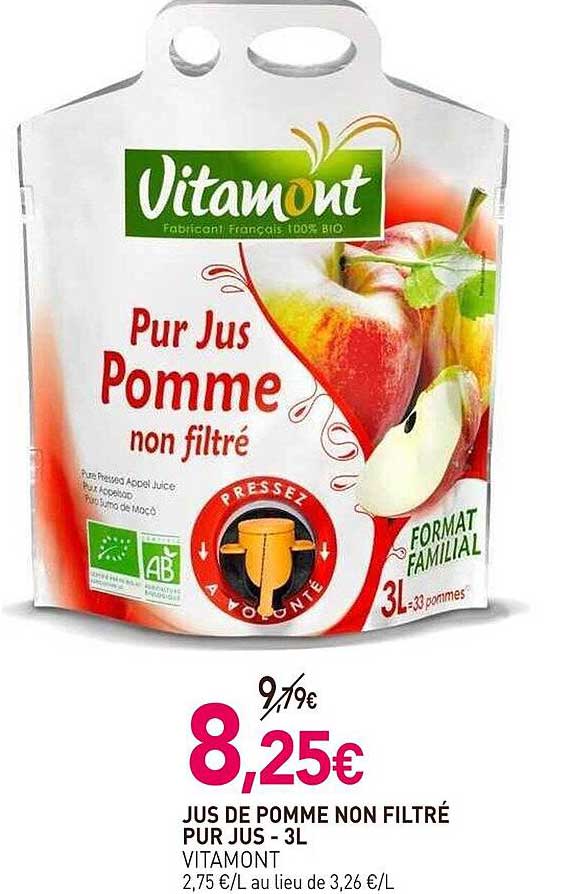 jus de pomme non filtré pur jus 3 l vitamont