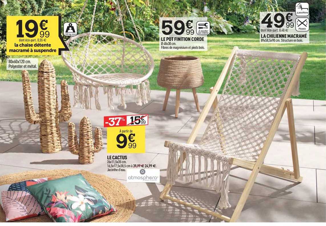 la chaise détente macramé à suspendre, le cactus, le pot finition corde, la chilienne macramé