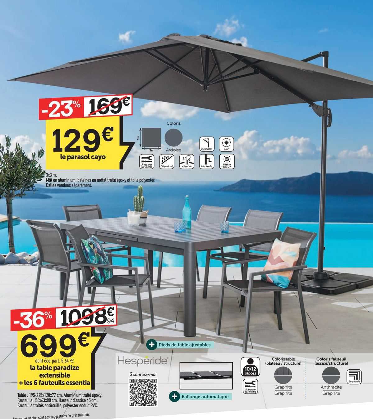 le parasol cayo, la table paradise extensible + les 6 fauteuils essentia