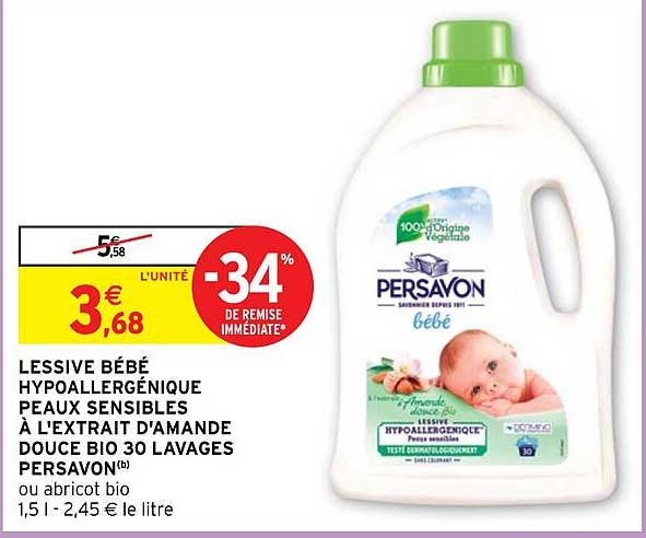 lessive bébé hypoallergénique peaux sensibles à l'extrait d'amande douce bio 30 lavages persavon