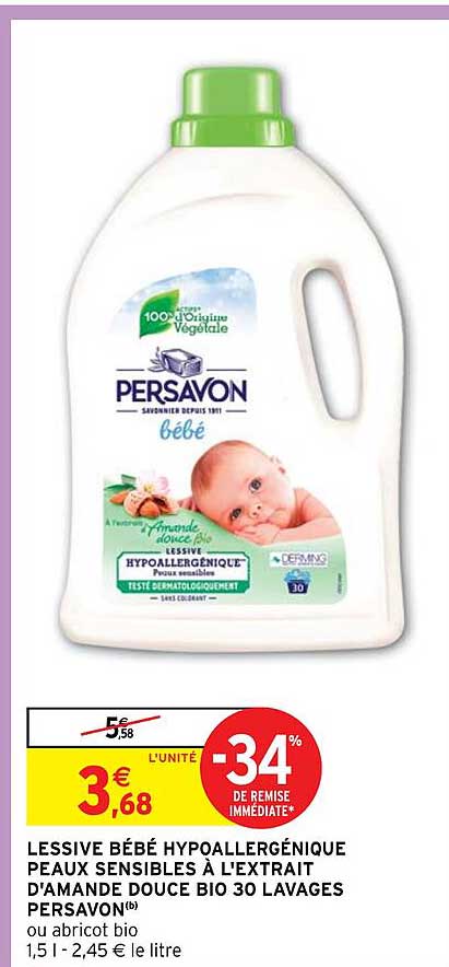lessive bébé hypoallergénique peaux sensibles à l'extrait d'amande douce bio 30 lavages persavon