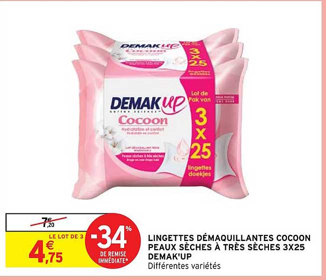 lingettes démaquillantes cocoon peau sèches à très sèches 3x25 demak'up