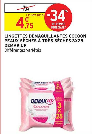 lingettes démaquillantes cocoon peaux sèches à très sèches 3x25 demak'up