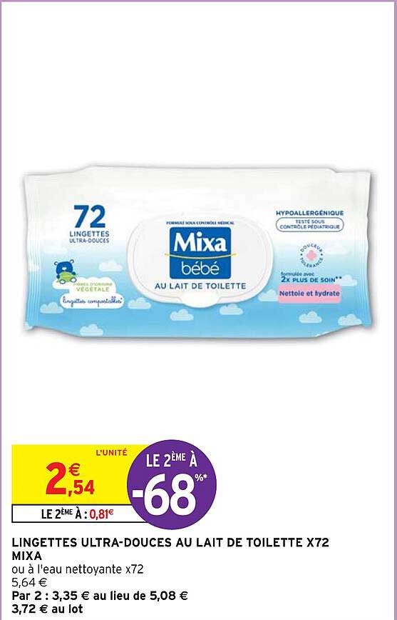 lingettes ultra-douces au lait de toilette x72 mixa