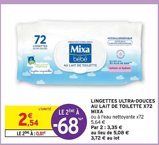 lingettes ultra-douces au lait de toilettes x72 mixa