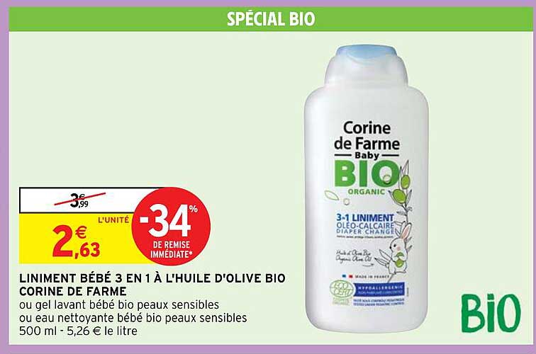 liniment bébé 3 en 1 à l'huile d'olive bio corine de farme