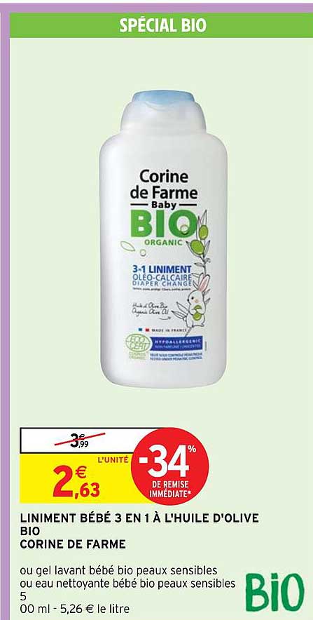 liniment bébé 3 en 1 à l'huile d'olive bio corine de farme