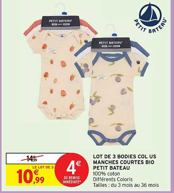 lot de 3 bodies col u manches courtes bio petit bateau
