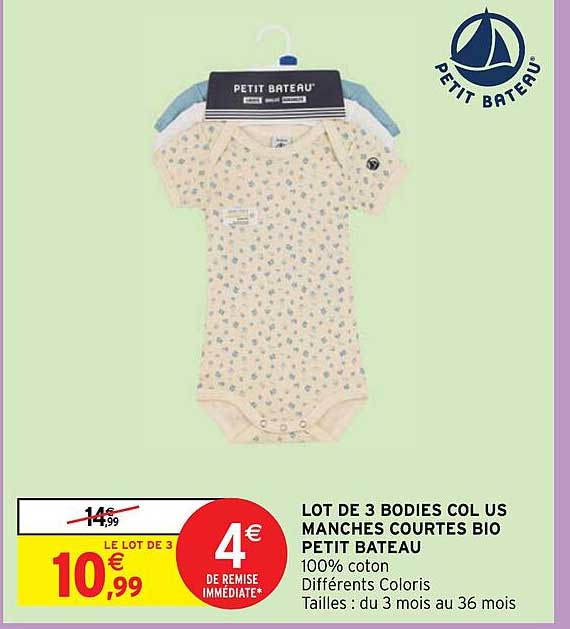 lot de 3 bodies col u manches courtes bio petit bateau