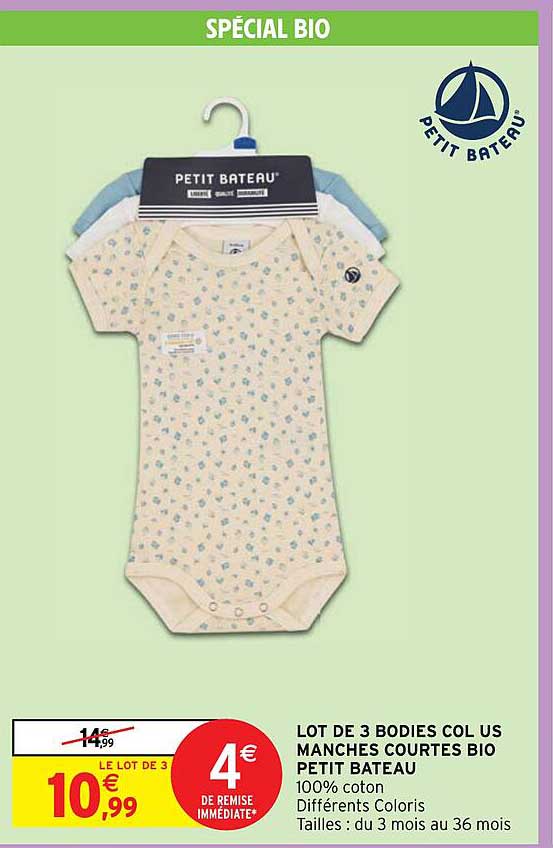 Lot De 3 Bodies Col Us Manches Courtes Bio Petit Bateau