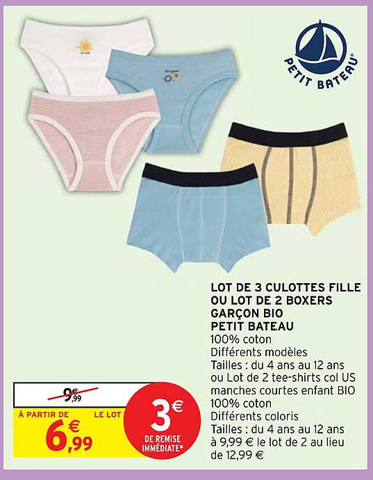 lot de 3 culottes fille ou lot de 2 boxers garçon bio petit bateau