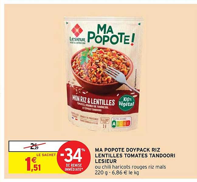 Ma Popotes Doypack Riz Lentilles Tomates Tandoori Lesieur