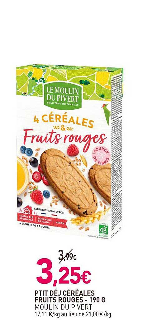 p'tit déj céréales fruits rouges - moulin du pivert - 190 g