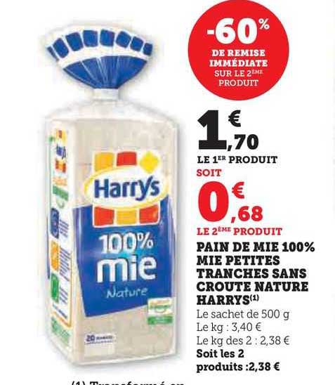 pain de mie 100% mie petites tranches sans croûte nature harrys