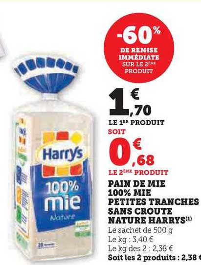 pain de mie 100% mie petites tranches sans croûte nature harrys