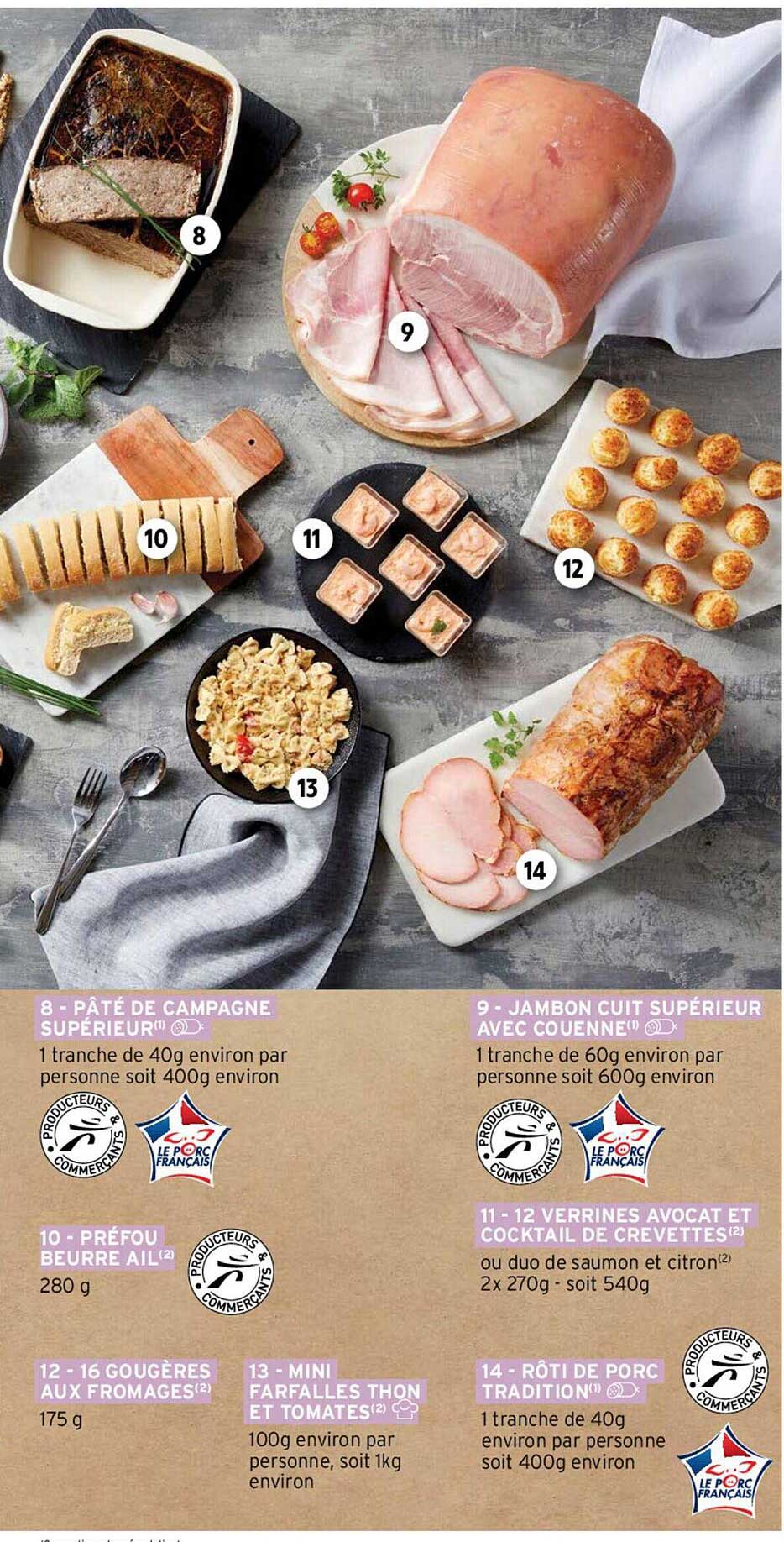 Pâté De Campagne Supérieur, Jambon Cuit Supérieur Avec Couenne, Préfou Beurre Ail, 12 Verrines Avocat Et Cocktail De Crevettes, 16 Gougères Aux Fromages, Mini Farfalles Thon Et Tomates, Rôti De Porc