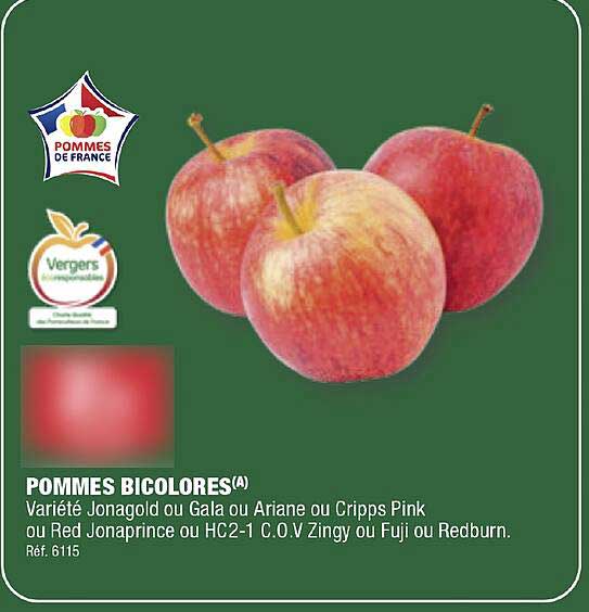 pommes bicolores jonagold ou gala ou ariane ou cripps pink ou red jonaprince ou hc2-1 c.o.v. zingy ou fuji ou redburn