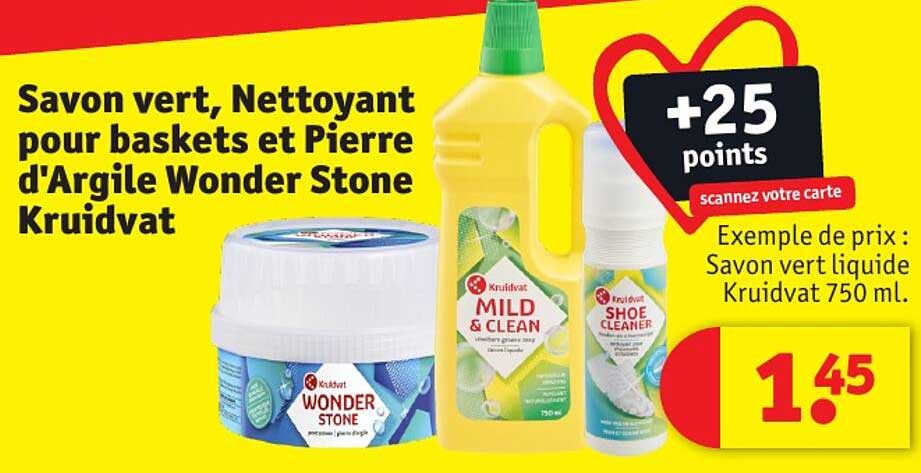 savon vert, nettoyant pour baskets et pierre d'argile wonder stone kruidvat