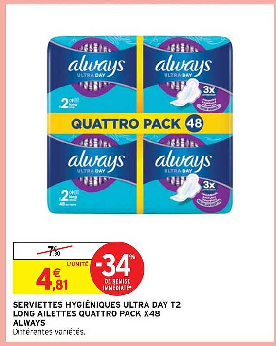 serviettes hygiéniques ultra day t2 logn aillettes quattro pack x48 always