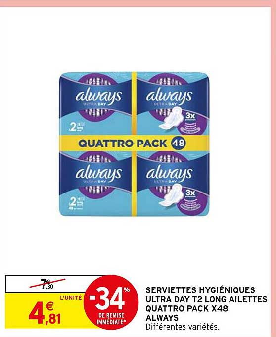 serviettes hygiéniques ultra day t2 long ailettes quattro pack x48 always