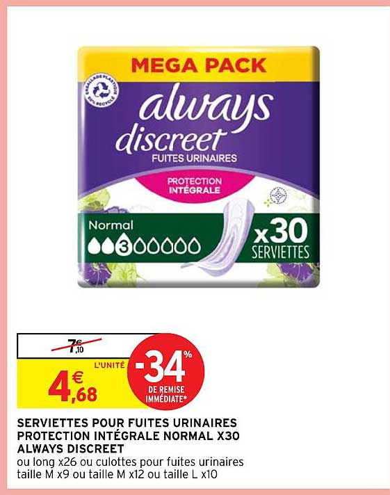 serviettes pour fuites urinaires protection intégrale normal x30 always discreet