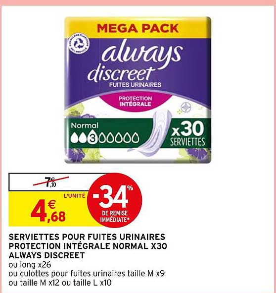 serviettes pour fuites urinaires protection intégrale normal x30 always discreet